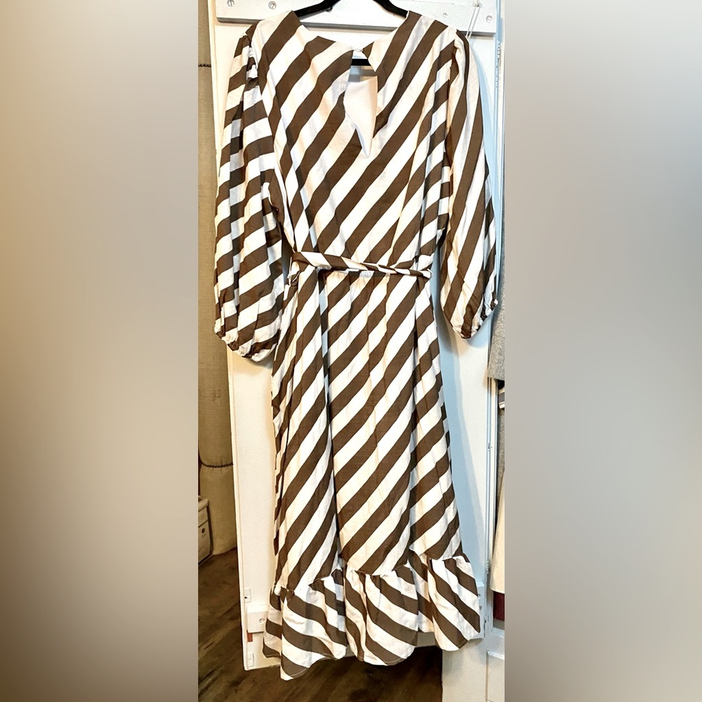 NEW**LANE BRYANT, POCKETS, LONG SLEEVE, LINED BROWN STRIP MIDI DRESS, - Picture 5 of 11
